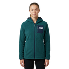 Woman wearing a green fleece hoodie with a Fargo Marathon logo and chest pocket