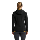 Back of woman wearing a black hoodie