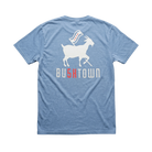 Blue t-shirt with a goat graphic and 'Bu5KTown' text