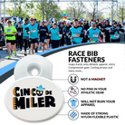 Runners at a race with a focus on race bib fasteners and a close-up of a Cinco de Miler fastener