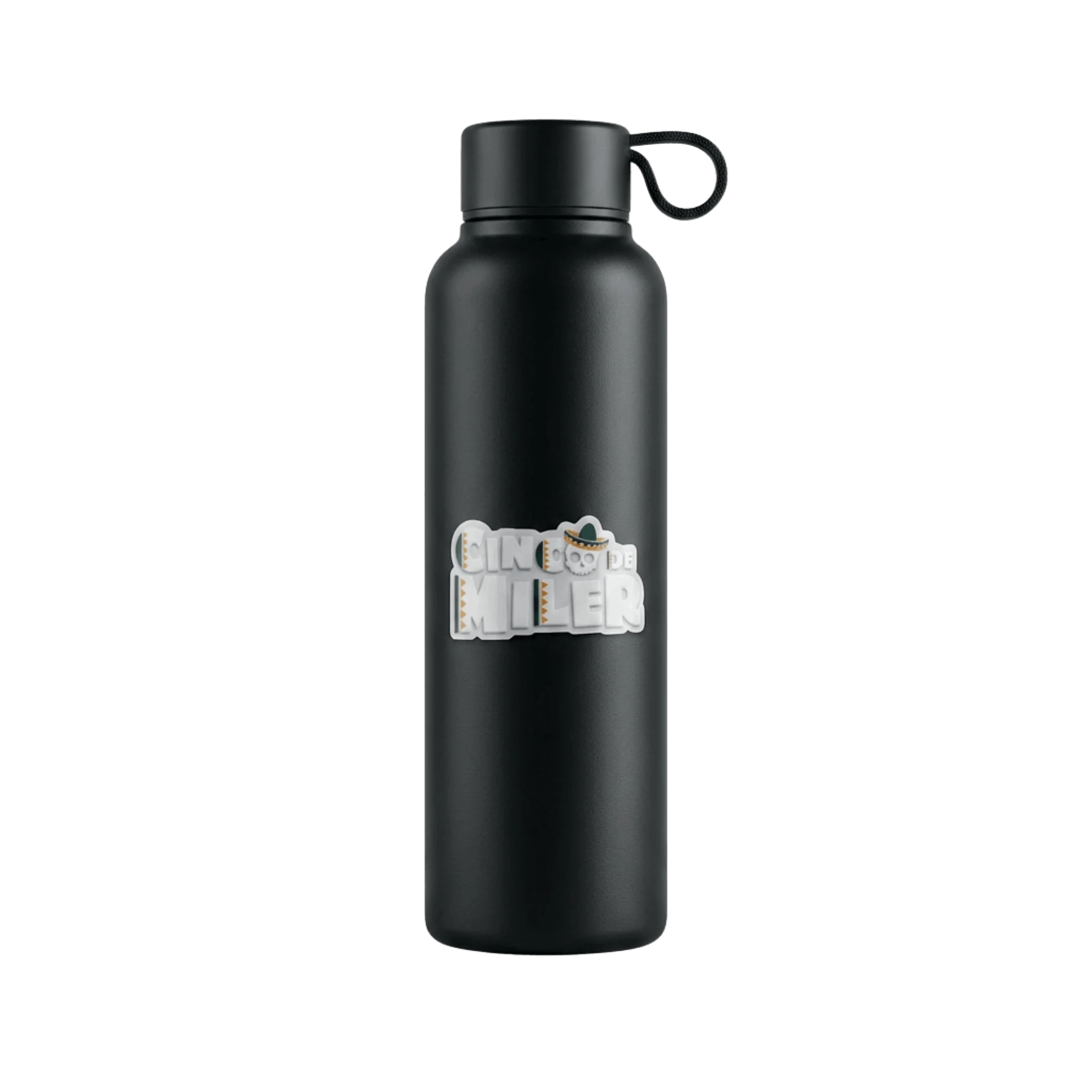 Black water bottle with a Cinco De Miler logo sticker