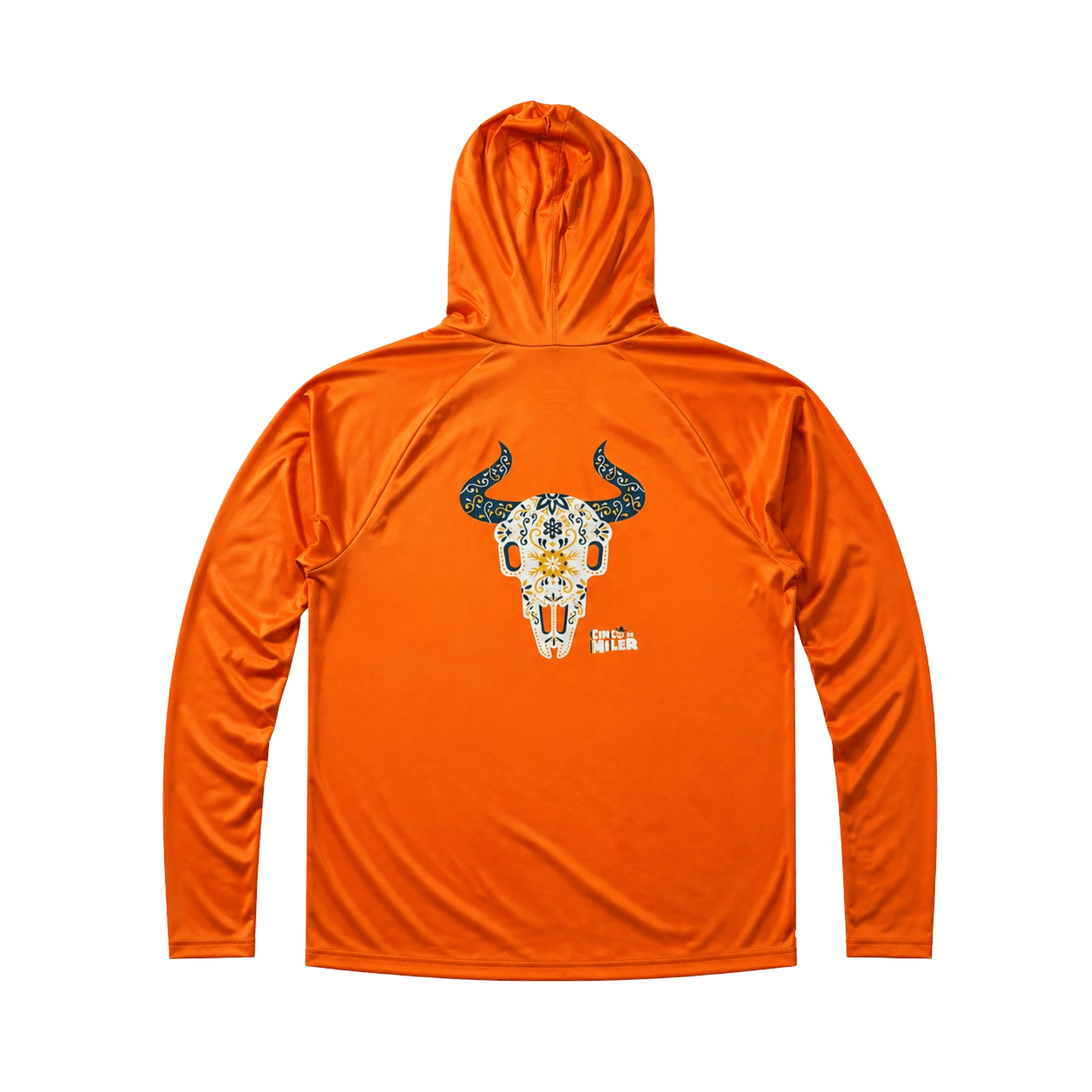 Orange hoodie with a bull skull design and Cinco De Miler logo