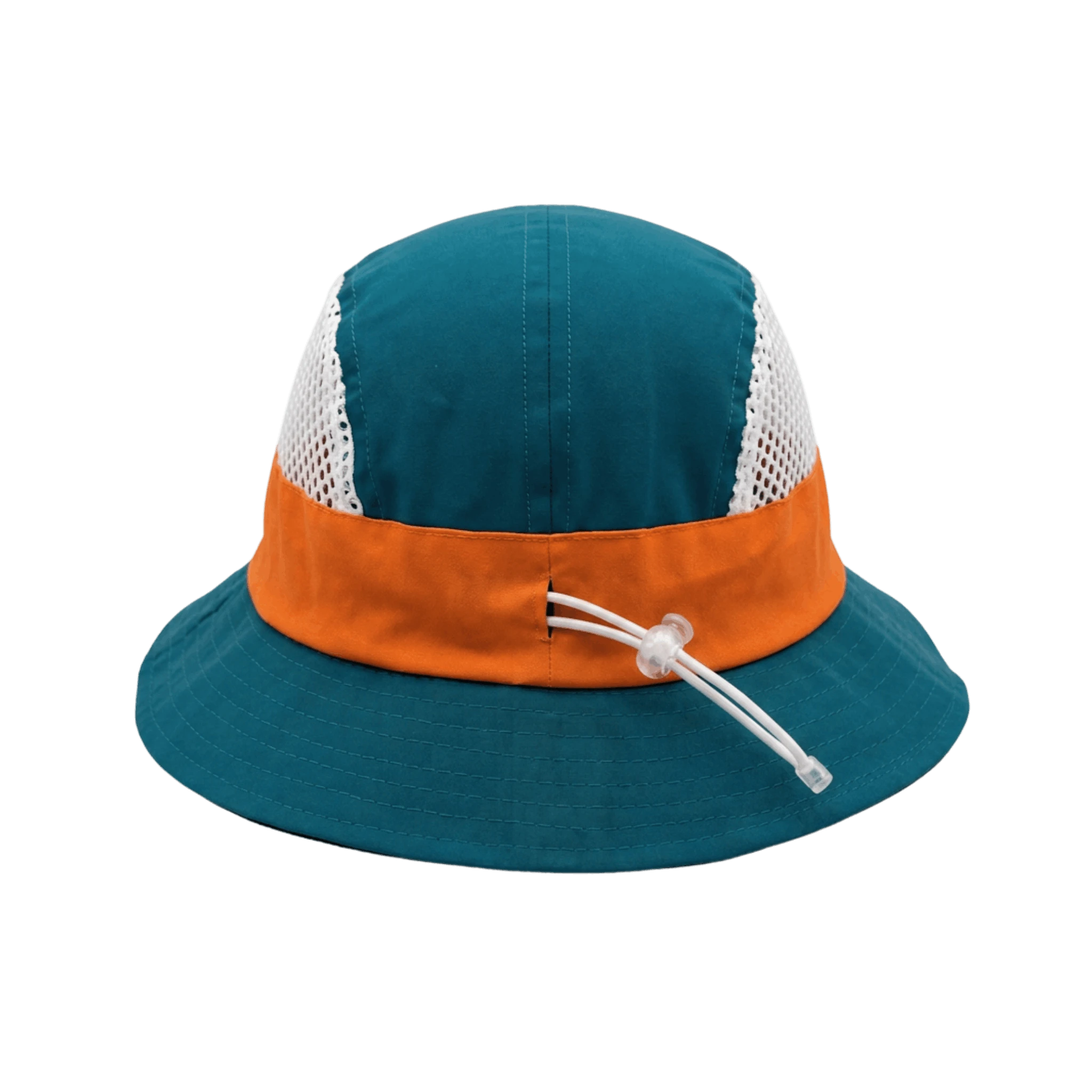 Teal bucket hat with orange and white accents