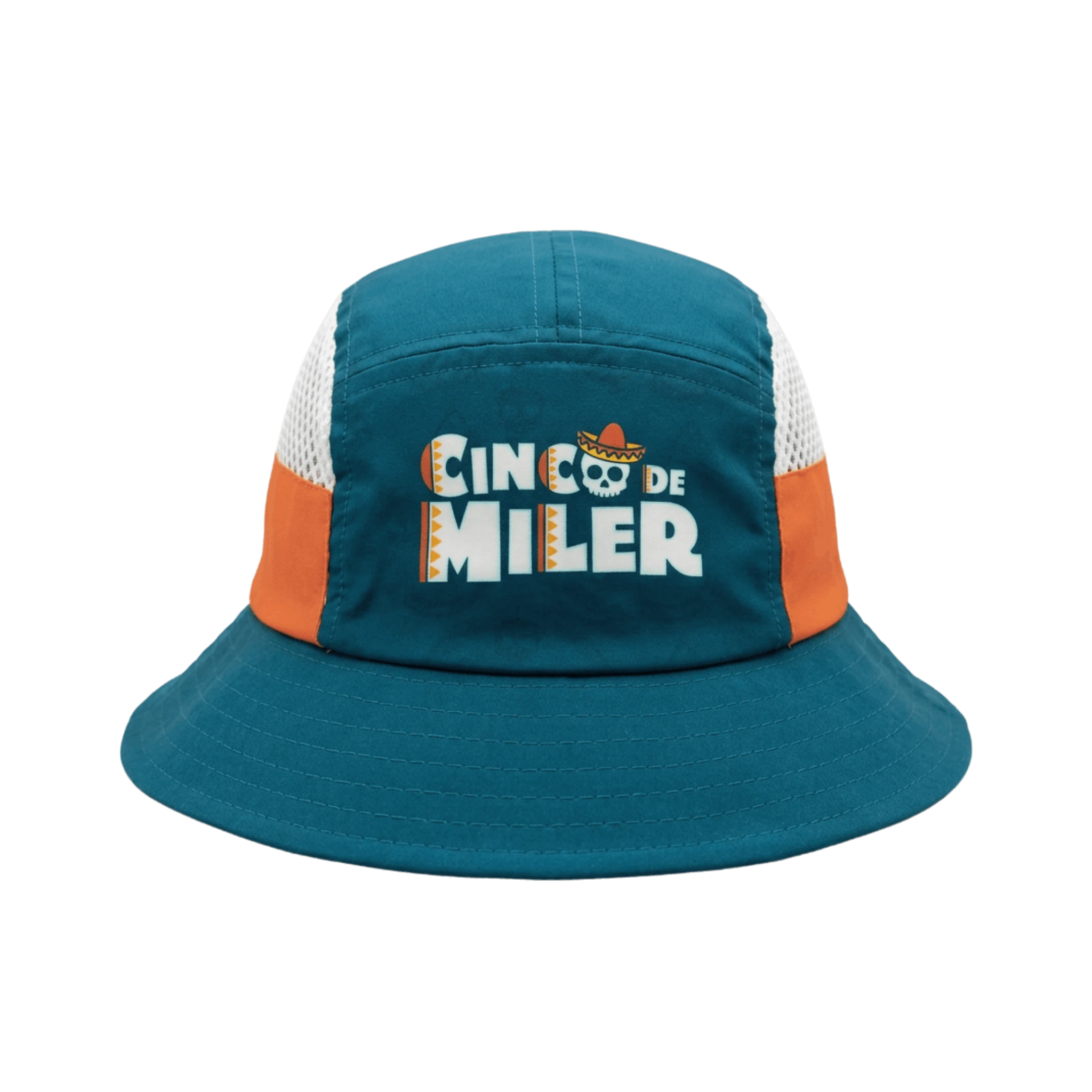 Teal bucket hat with orange and white accents featuring 'Cinco de Miller' text
