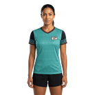 Woman wearing a teal sports jersey with black accents and Cinco De Miler logo