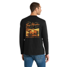 Man wearing a black long-sleeve shirt with a Fargo Marathon graphic design on the back