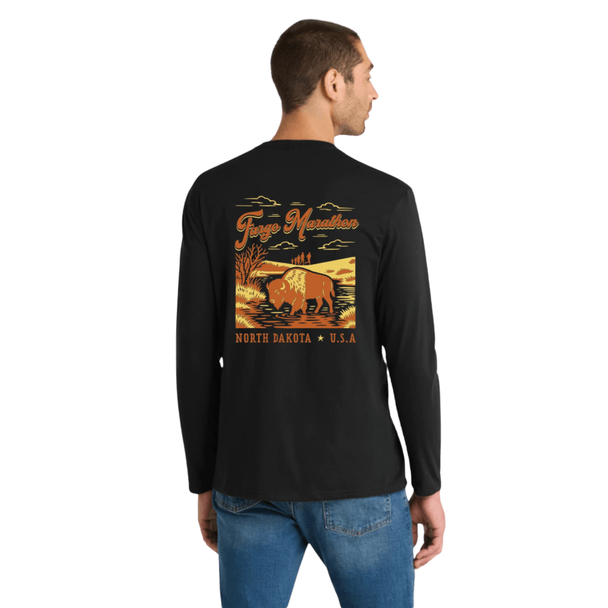 Man wearing a black long-sleeve shirt with a Fargo Marathon graphic design on the back