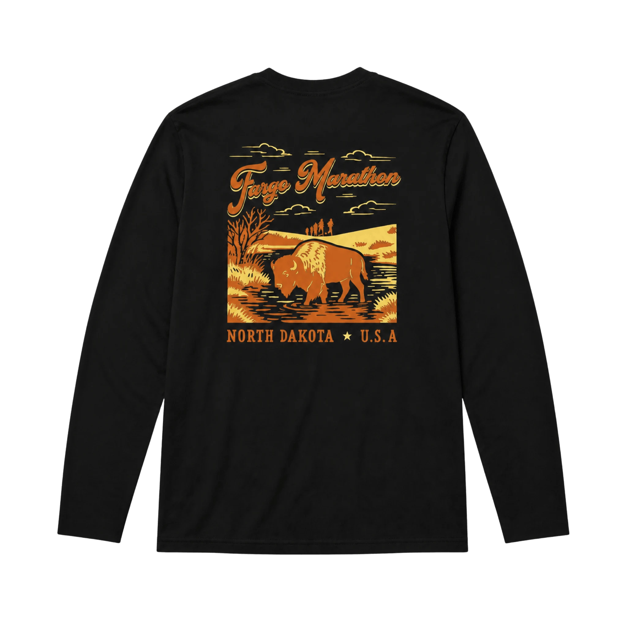 Black long-sleeve shirt with a Fargo Marathon graphic design on the back