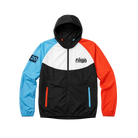 Color-blocked jacket with blue, orange, and black sections with Fargo Marathon logo