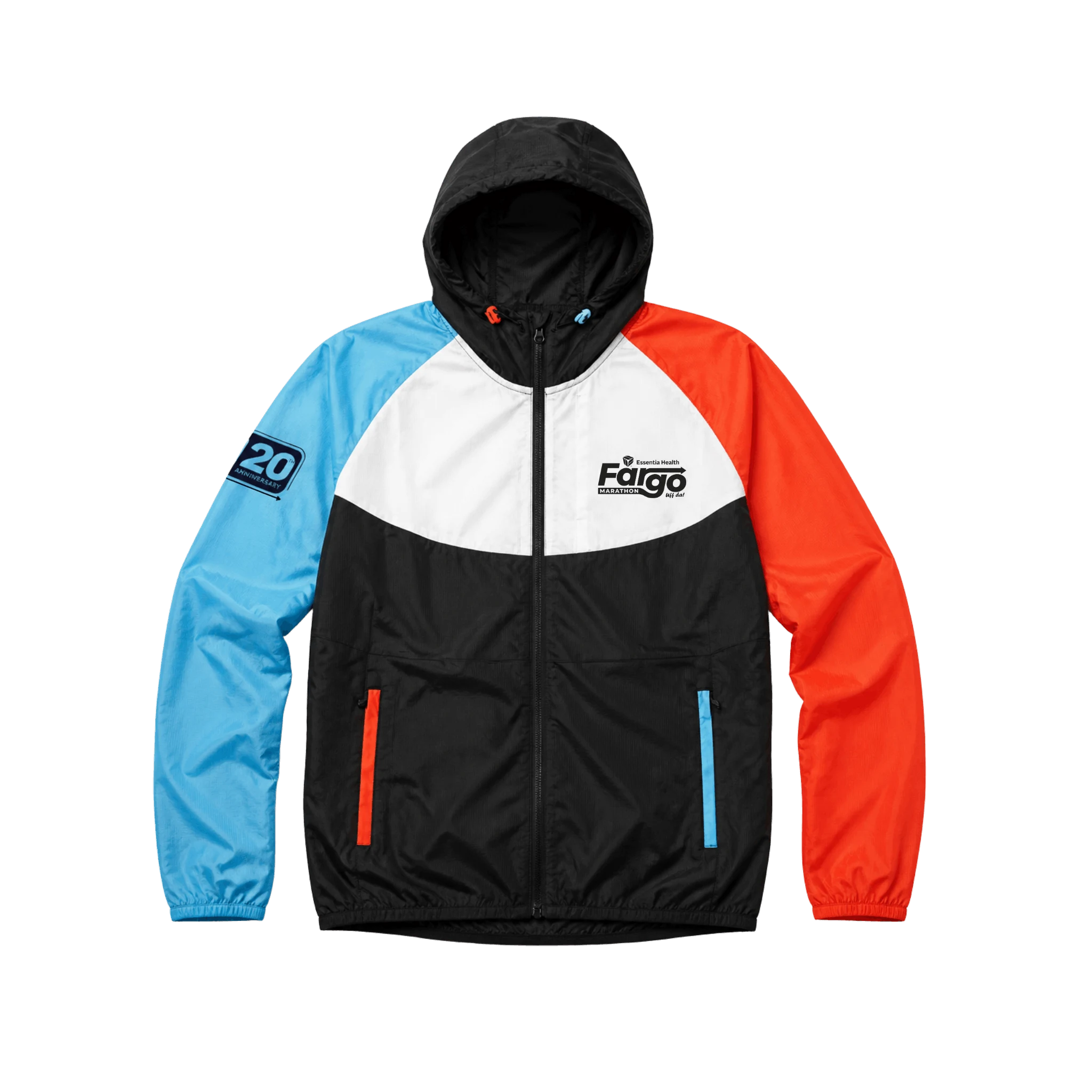 Color-blocked jacket with blue, orange, and black sections with Fargo Marathon logo