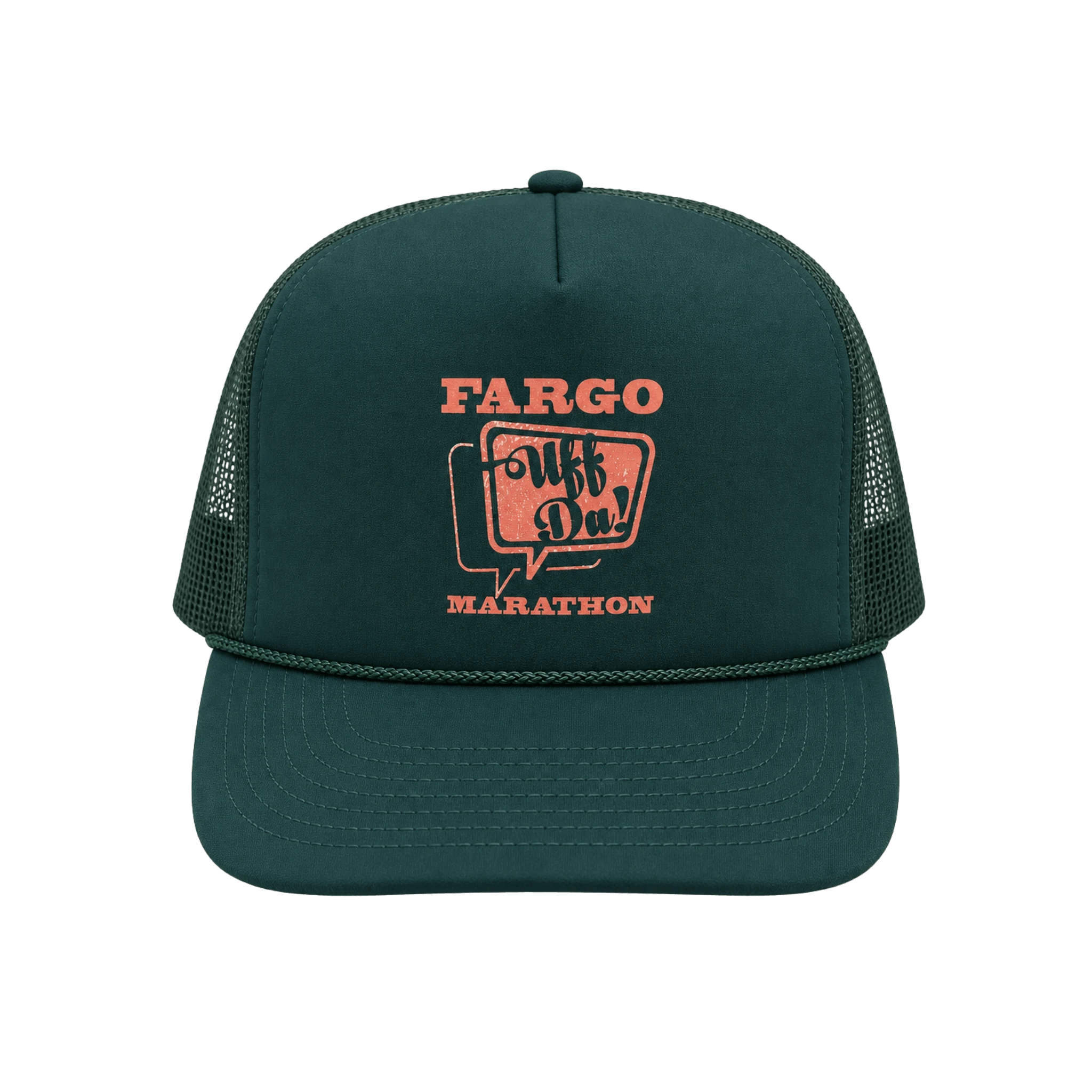 Green trucker hat with 'Fargo Marathon' logo