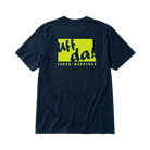Navy blue t-shirt with bright green graphic and Fargo Marathon text