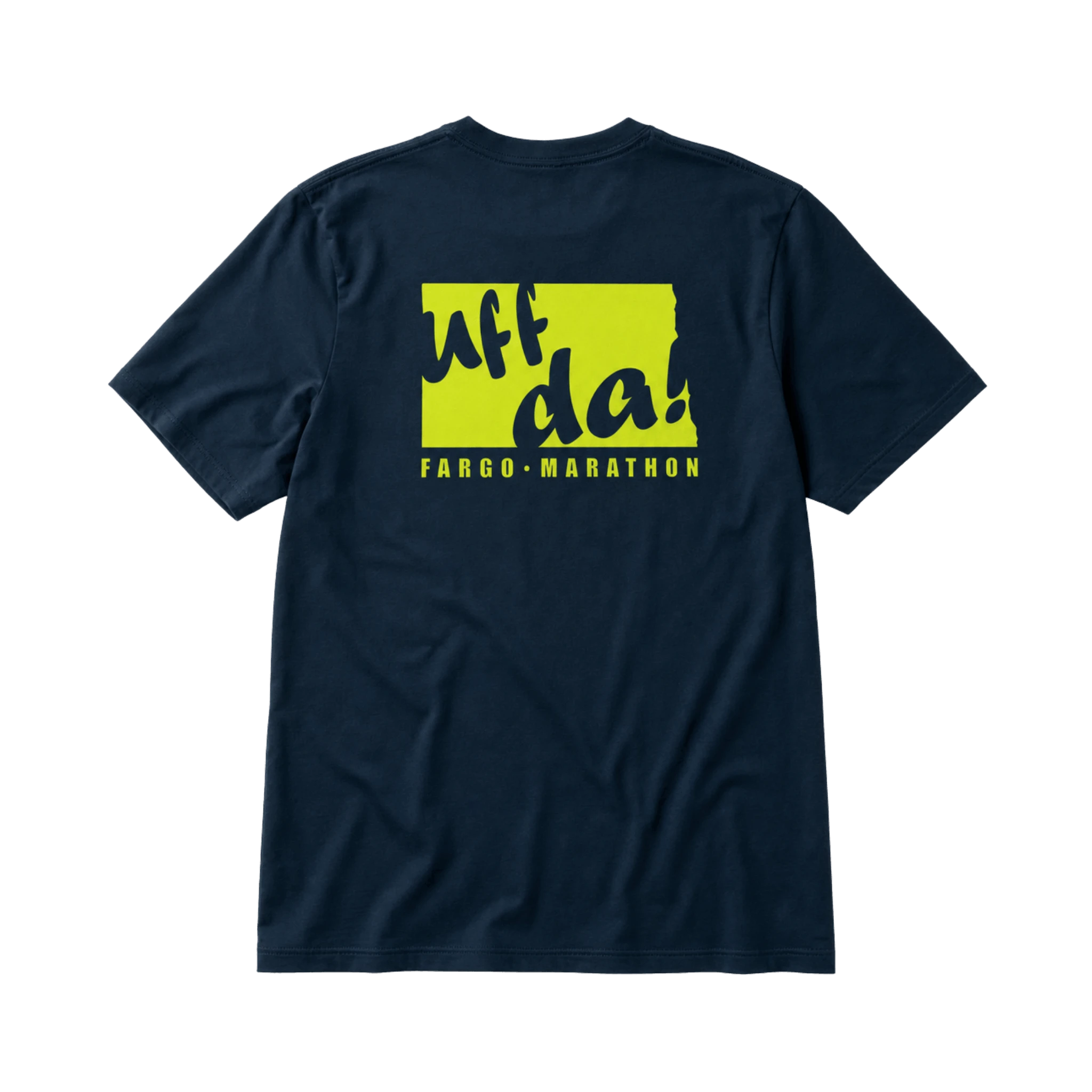 Navy blue t-shirt with bright green graphic and Fargo Marathon text