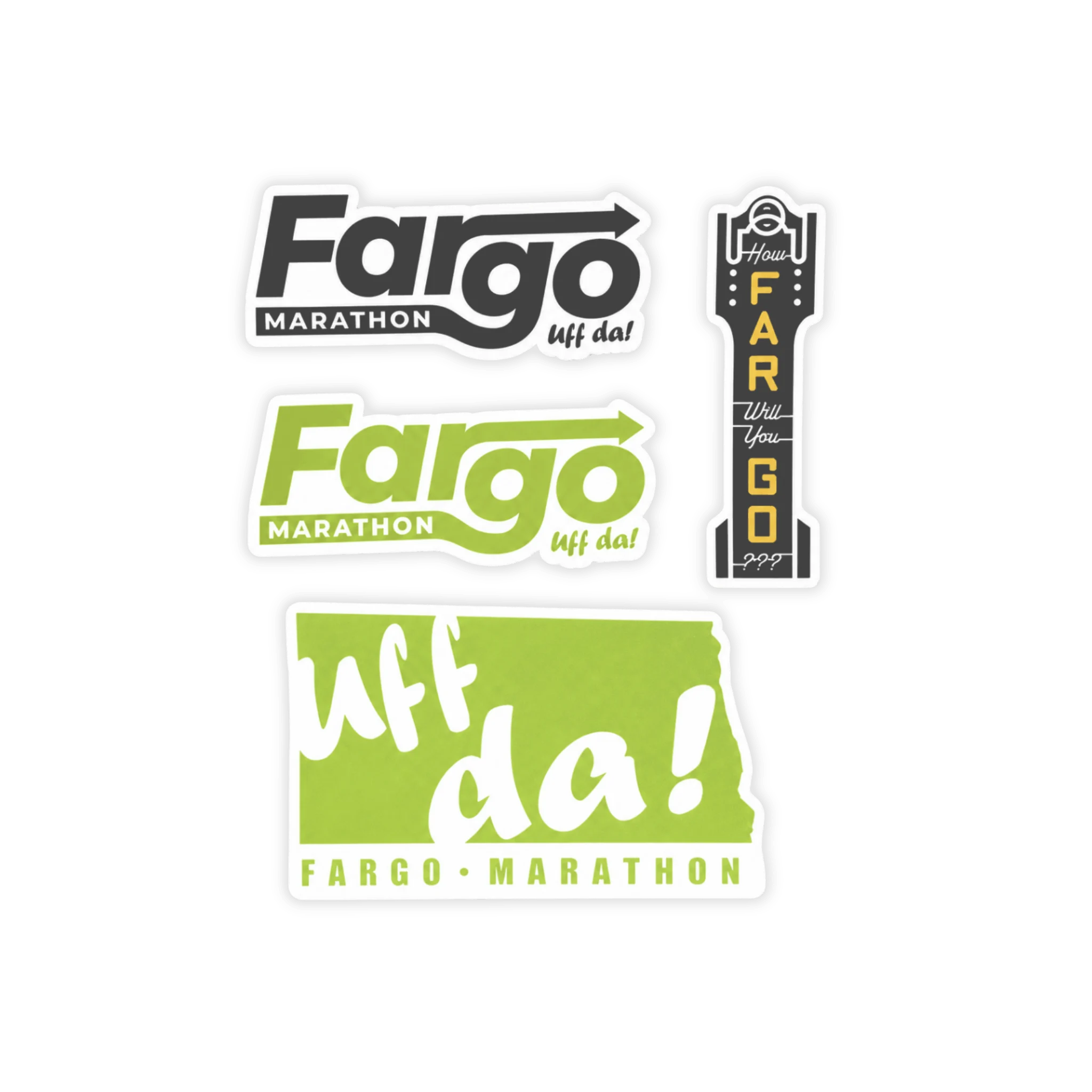 Set of Fargo Marathon stickers with various designs