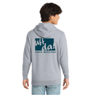 Person wearing a gray hoodie with 'Uff da!' Fargo Marathon logo on the back