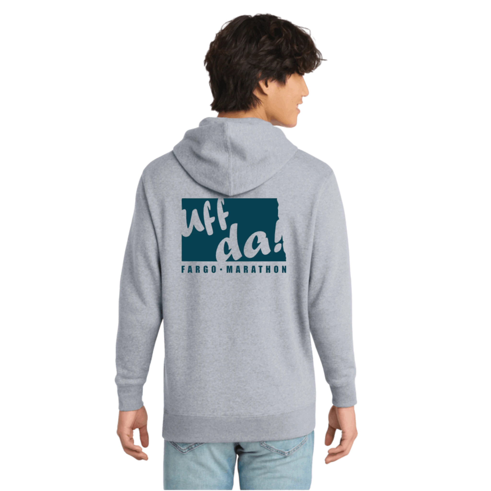 Person wearing a gray hoodie with 'Uff da!' Fargo Marathon logo on the back