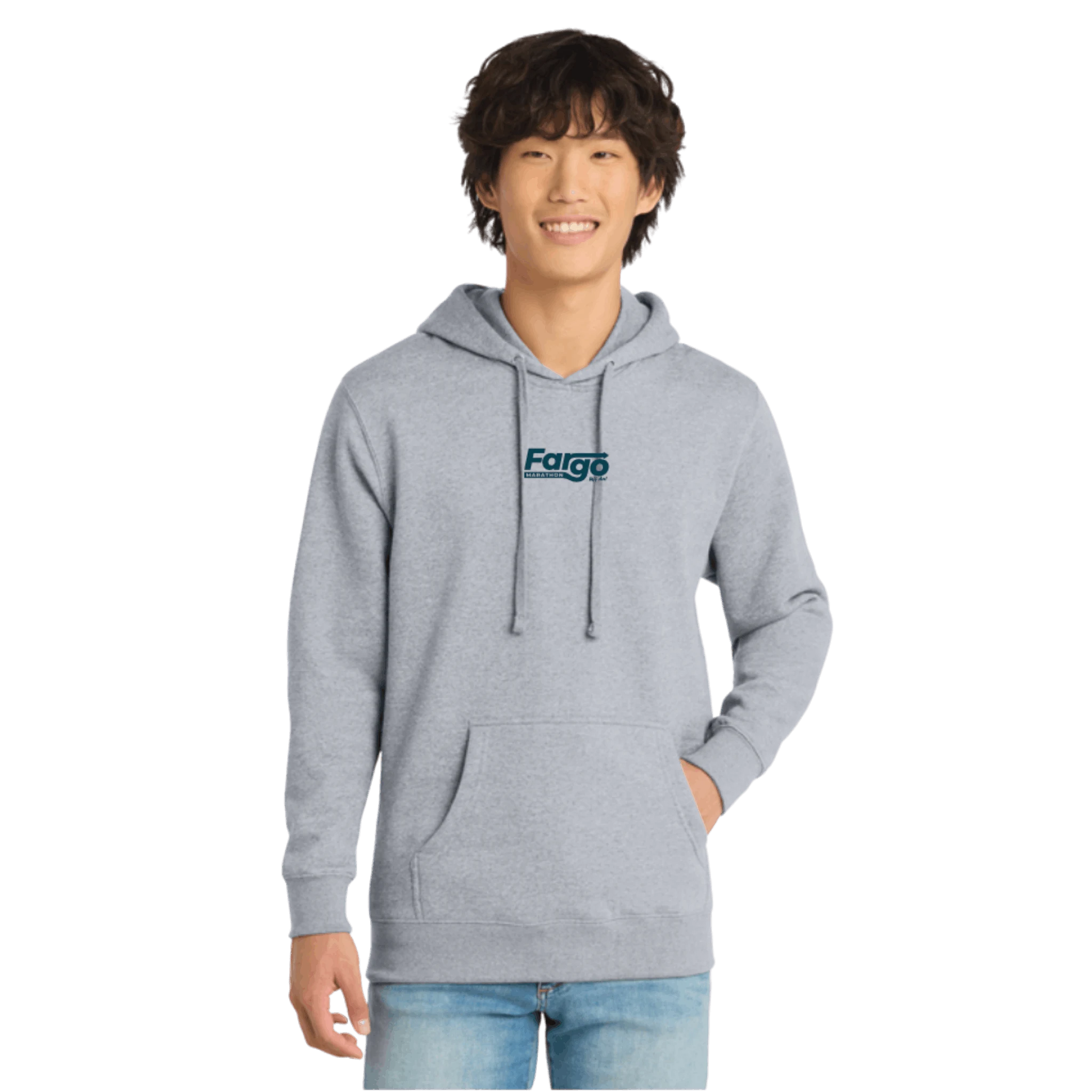 Person wearing a gray hoodie with 'Fargo Marathon' logo in center chest