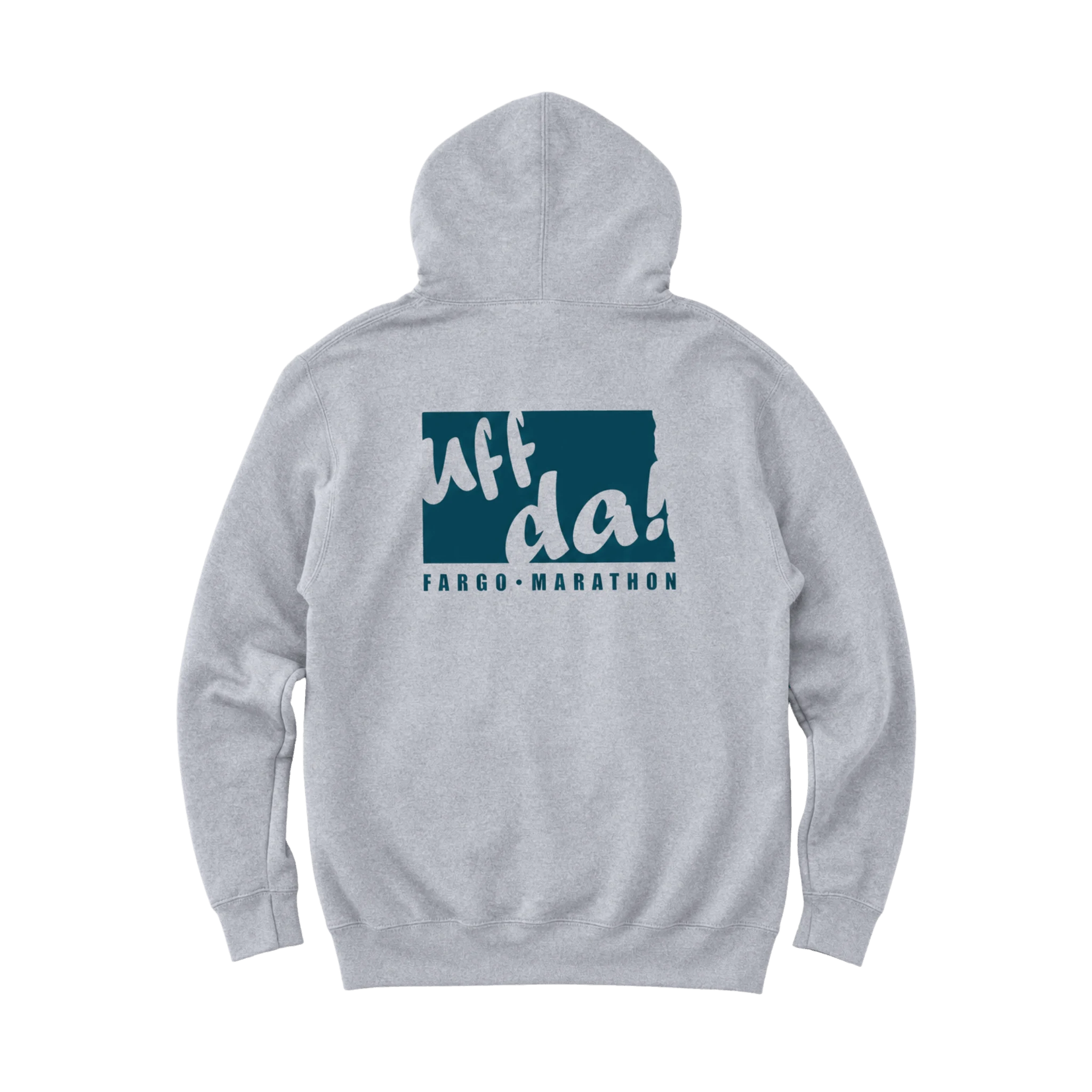 Gray hoodie with 'Uff da!' Fargo Marathon logo on the back