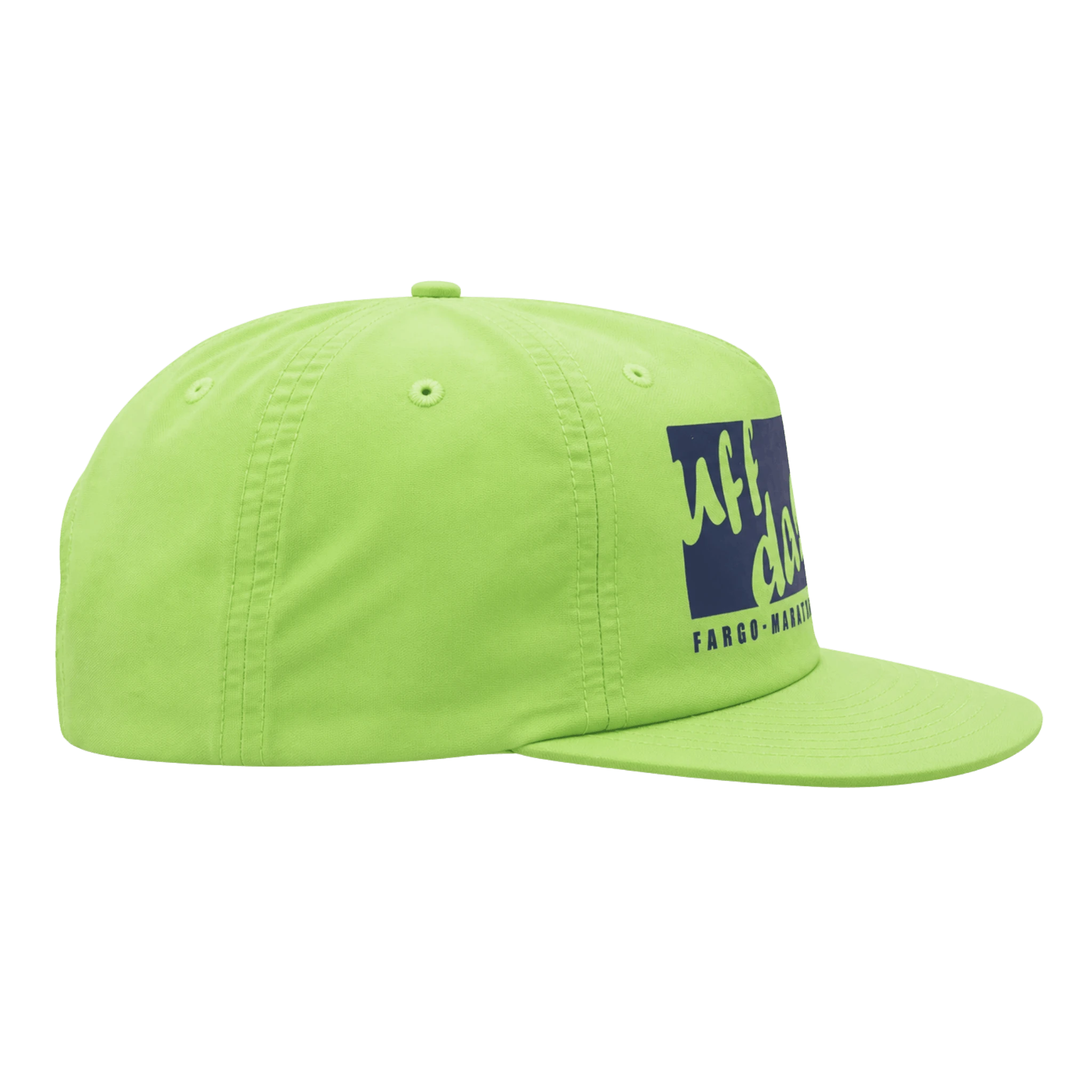 Green cap with a Uff da Fargo Marathon logo