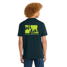 Person wearing a navy blue t-shirt with bright green graphic and Fargo Marathon text