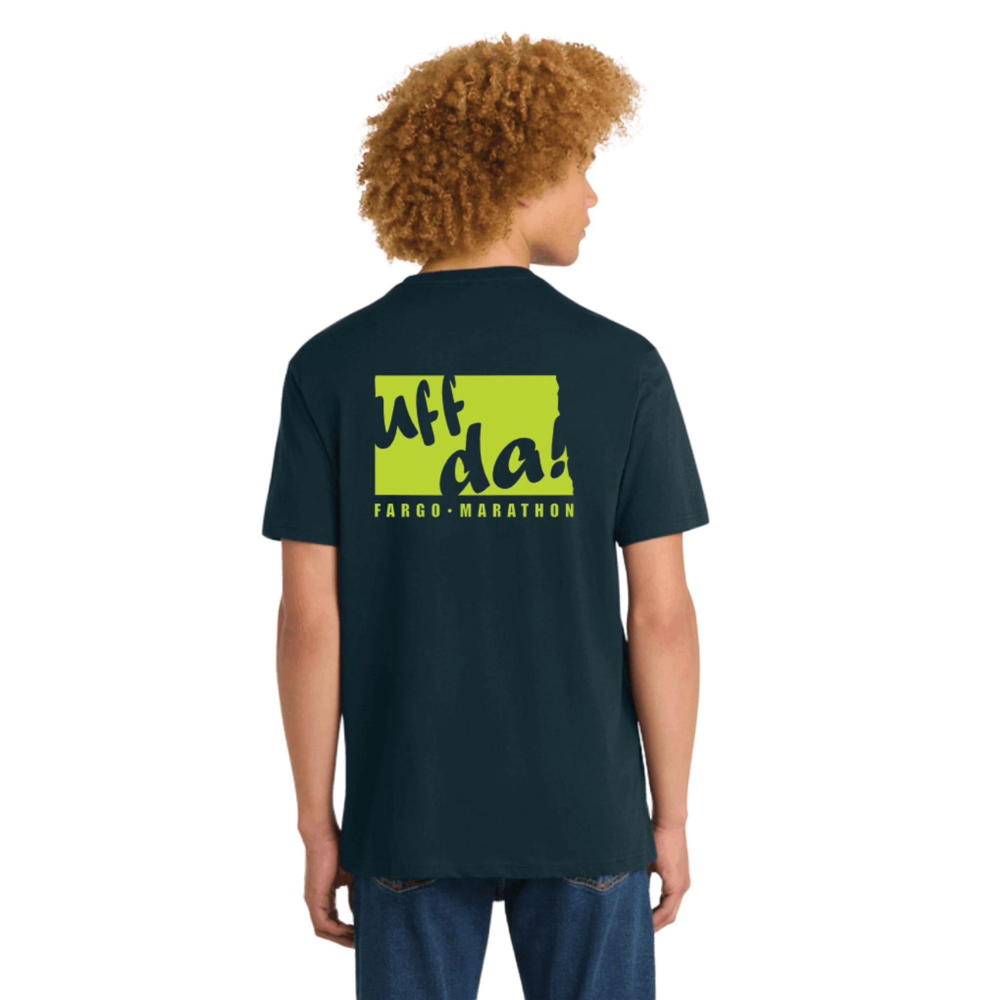 Person wearing a navy blue t-shirt with bright green graphic and Fargo Marathon text