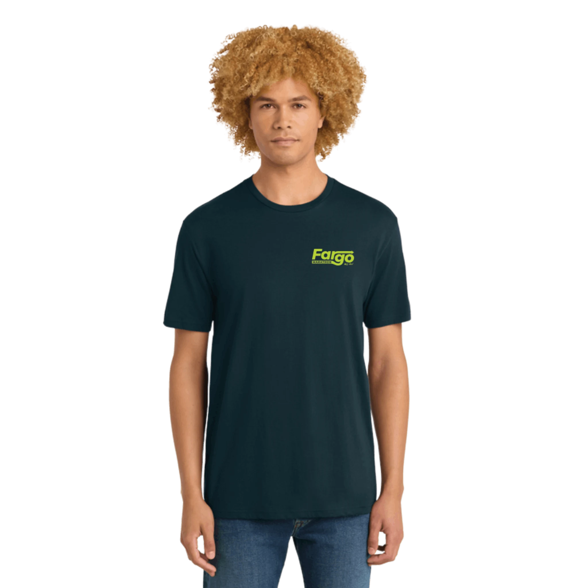 Person wearing a navy blue t-shirt with 'Fargo Marathon' logo