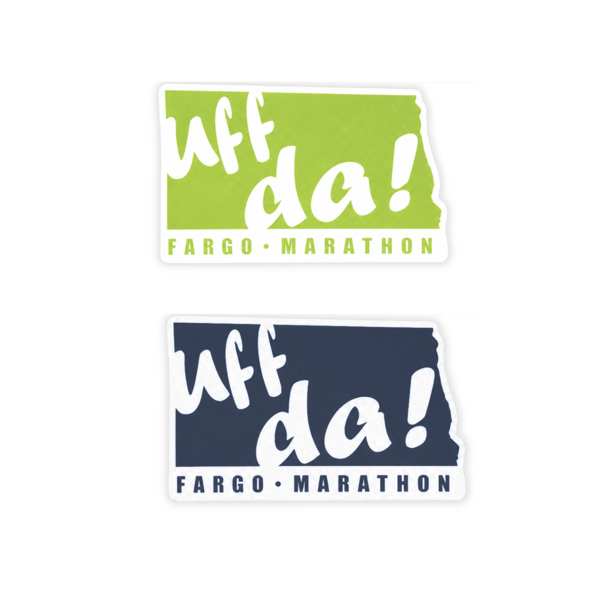 Two 'uff da!' Fargo Marathon stickers, one green and one blue