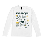 White long sleeve with green and yellow Fargo Marathon icons