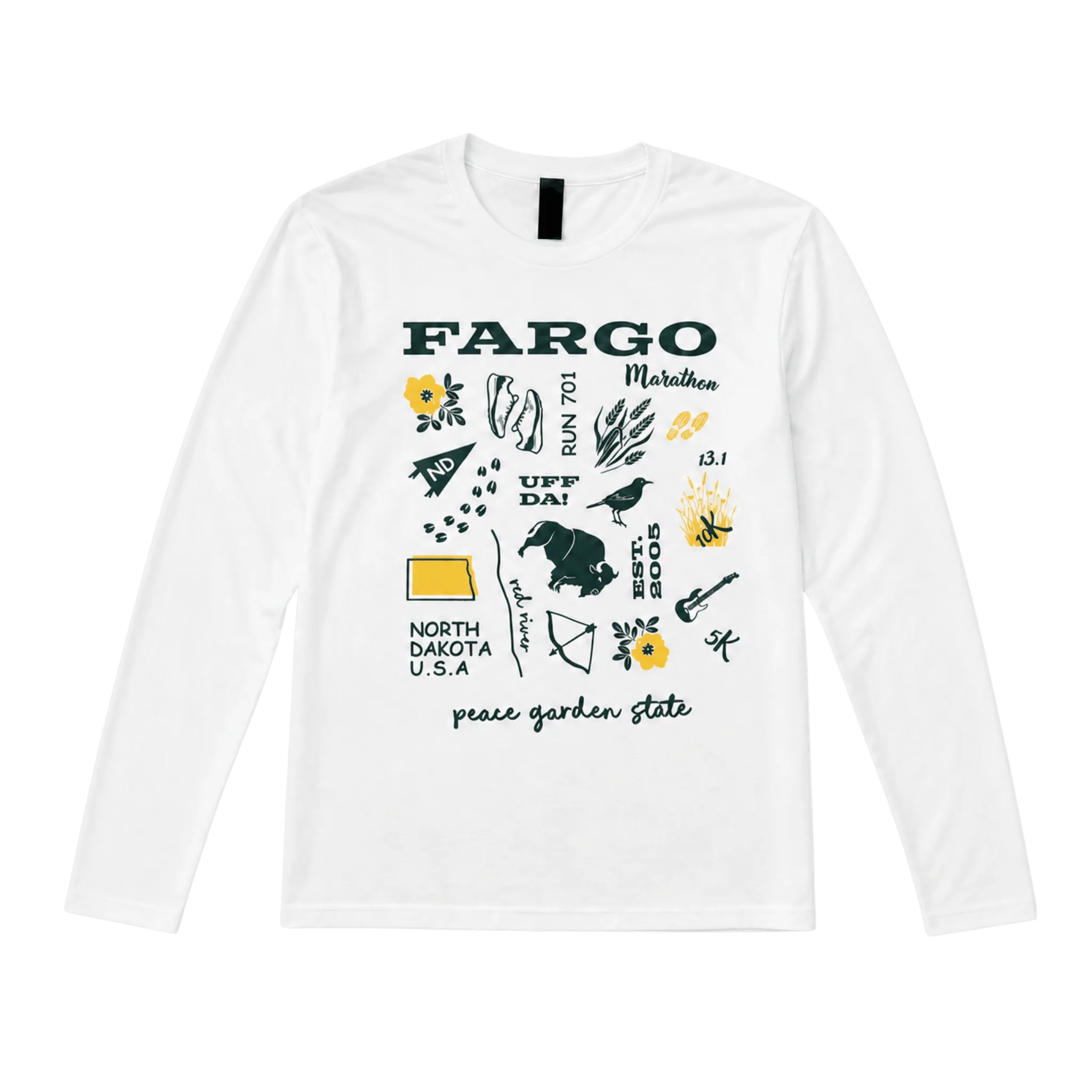 White long sleeve with green and yellow Fargo Marathon icons