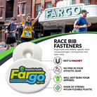 Race bib fasteners with a running event background
