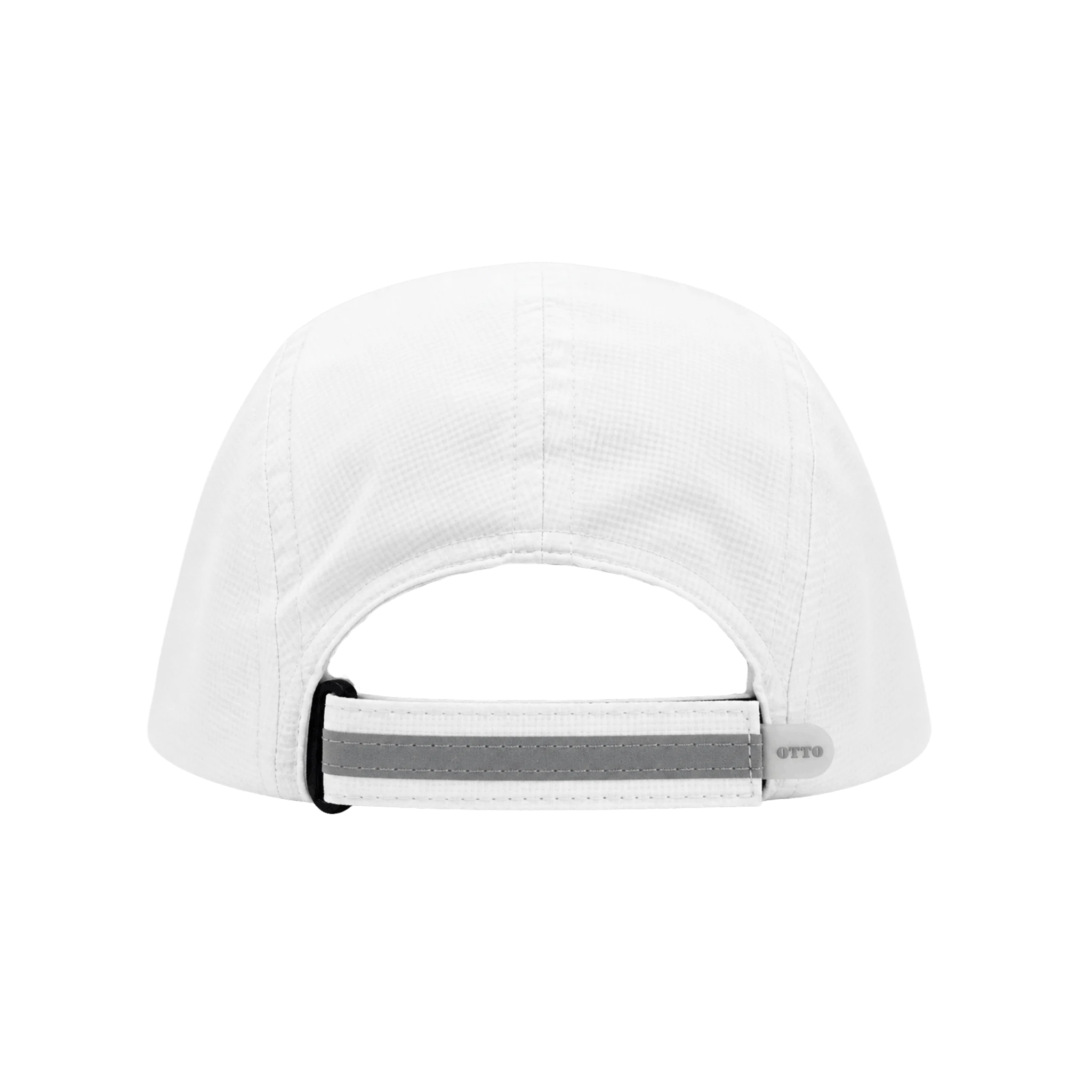 White cap with a black strap 