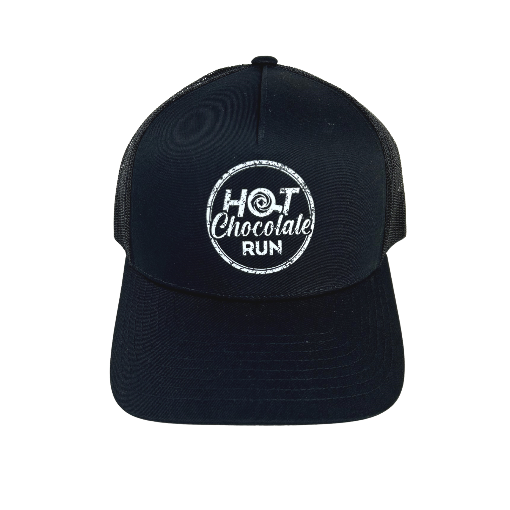 A black trucker hat with mesh back and snapback closure