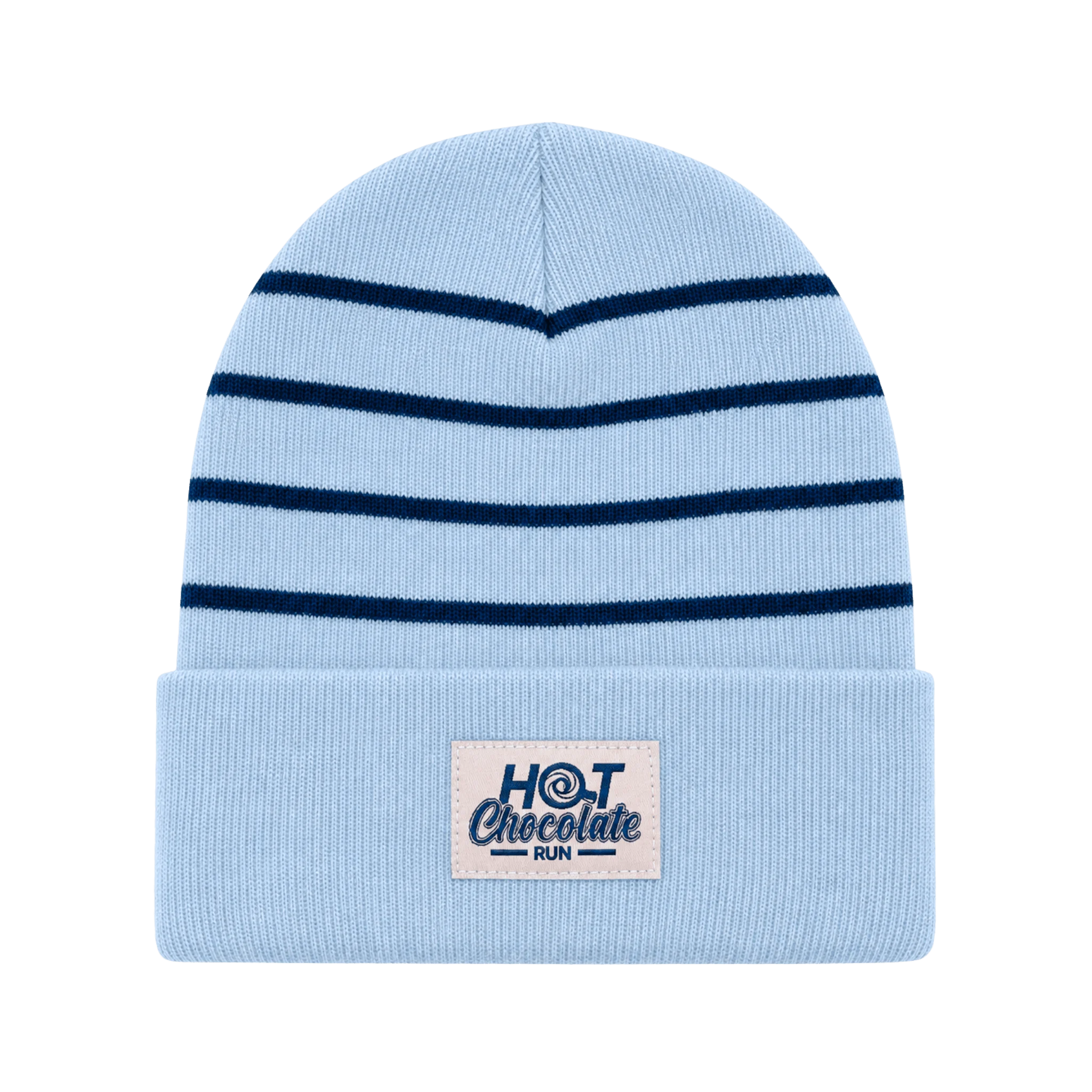 Light blue beanie with dark blue stripes and 'Hot Chocolate Run' patch