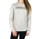 A person wearing a long sleeve light brown gray t-shirt with Hot Chocolate Run text in center chest
