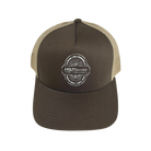 A brown trucker hat with a mesh back and a snapback closure