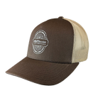 A brown trucker hat with a mesh back and a snapback closure