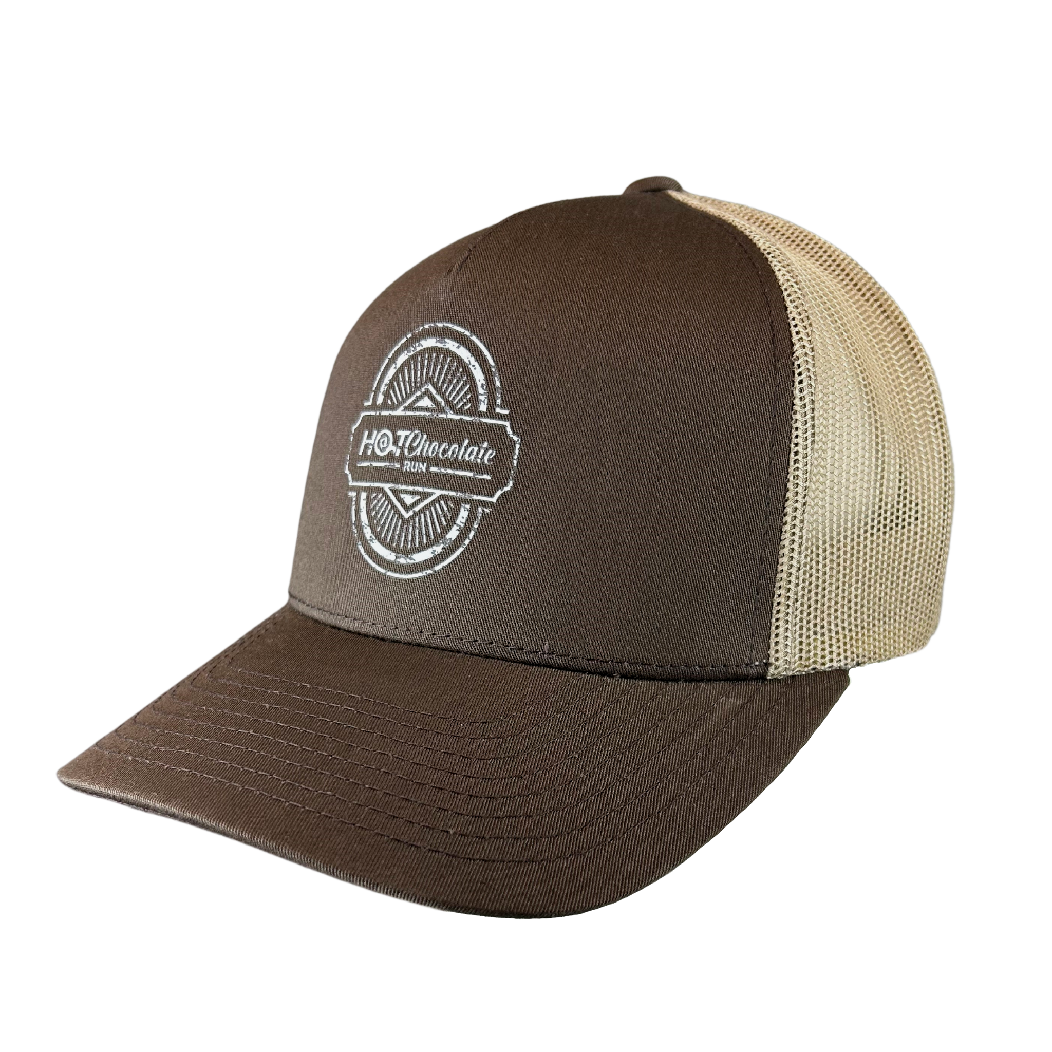A brown trucker hat with a mesh back and a snapback closure