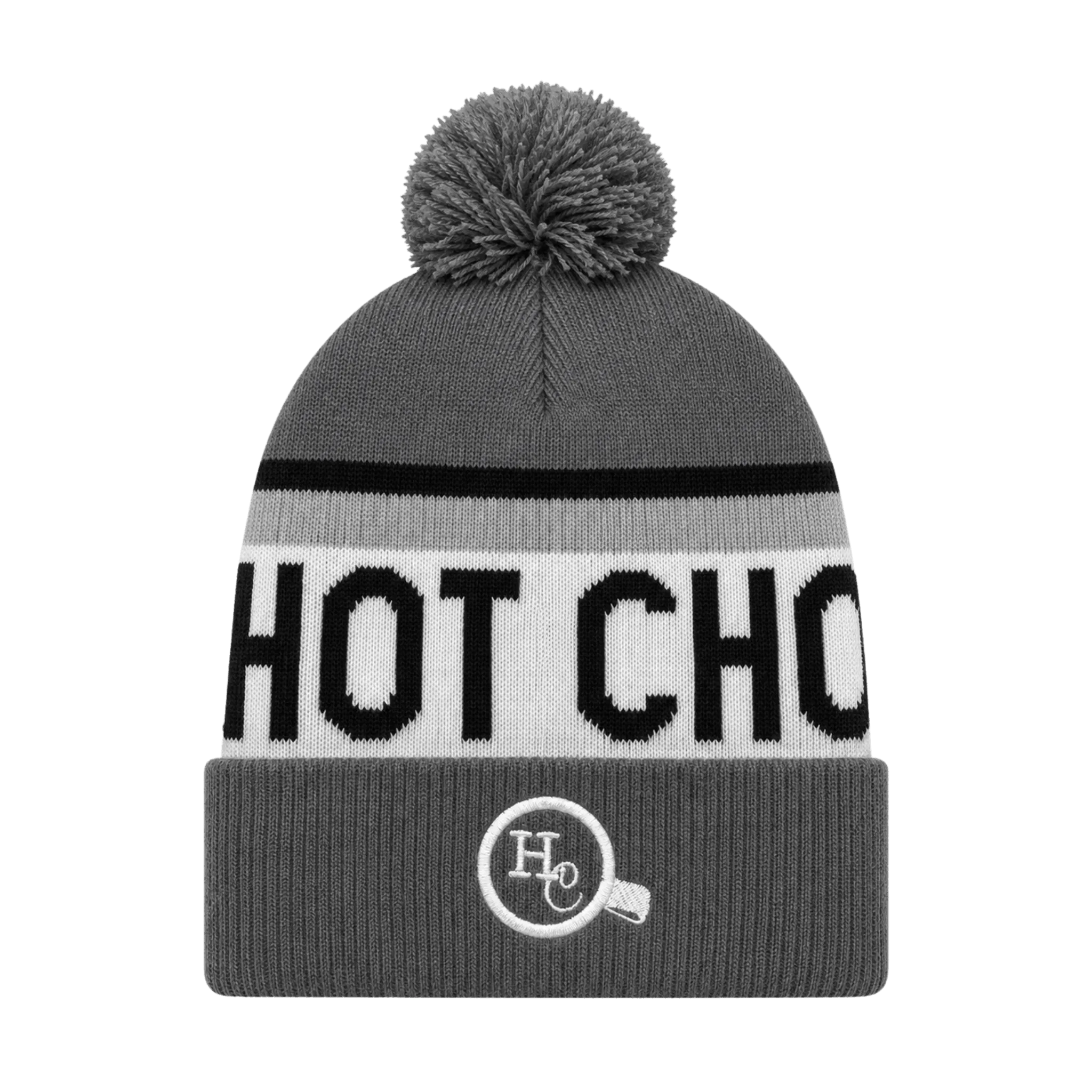 Gray beanie with pom-pom, text, and Hot Chocolate logo