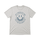 Gray t-shirt with blue smiley face graphic and Hot Chocolate Run text