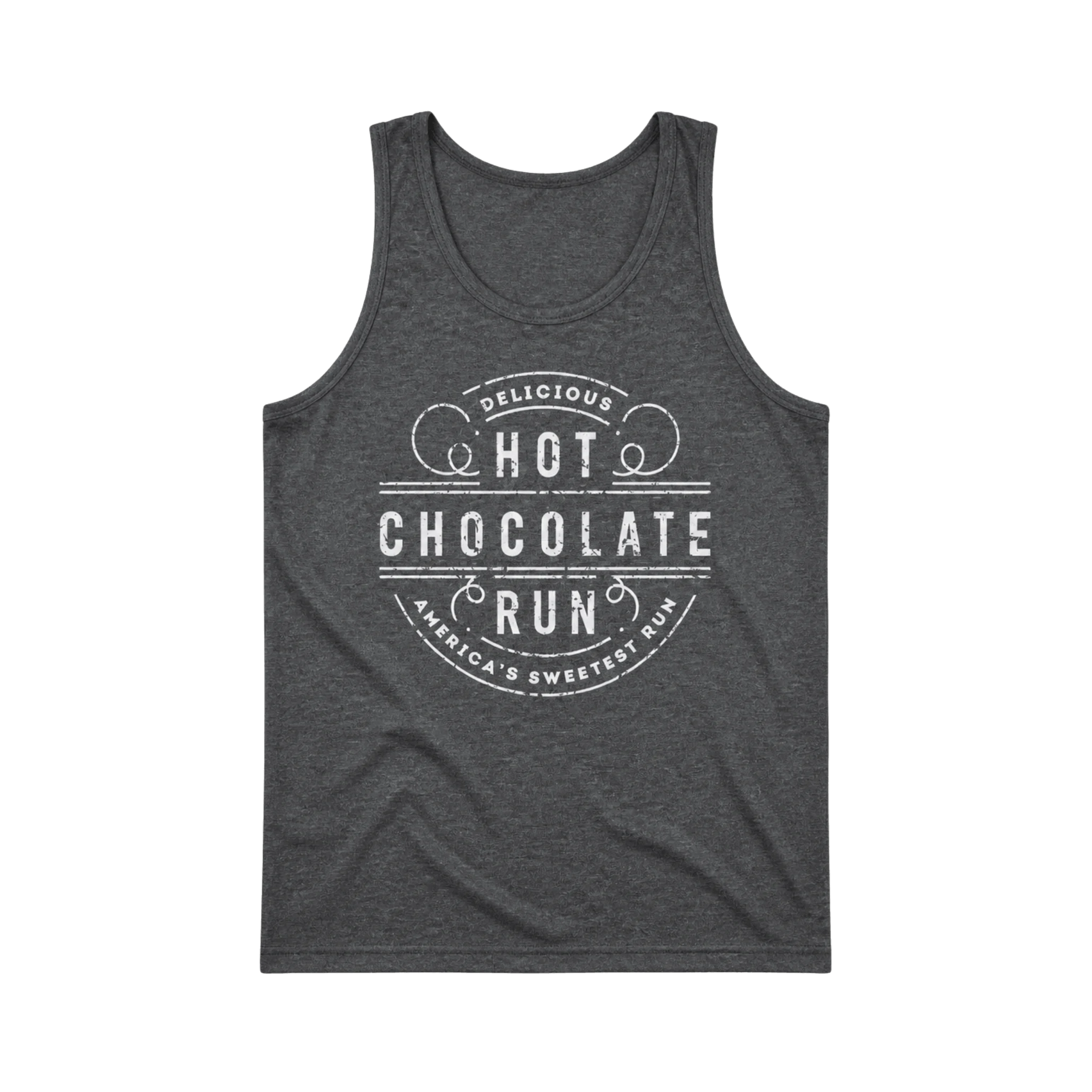 Gray tank top with white Hot Chocolate run text
