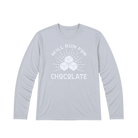 Light gray long-sleeve shirt with 'Will Run for Chocolate' text and chocolate bar graphic