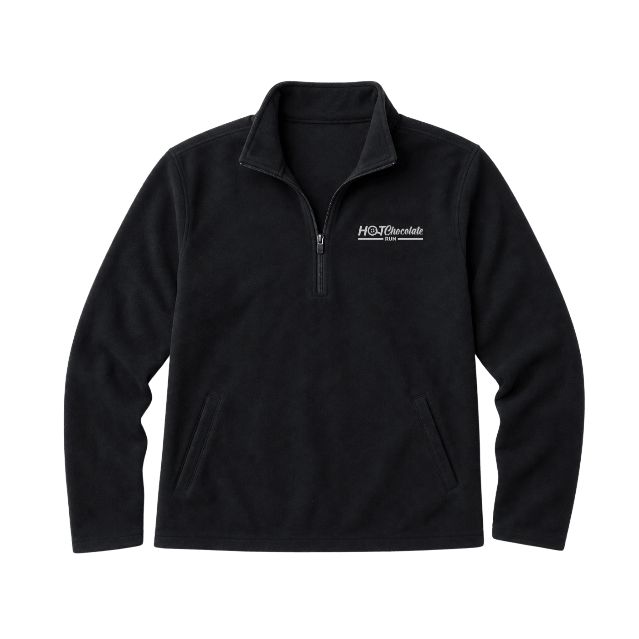 Black pullover quarter zip with a Hot Chocolate Run logo on left chest