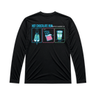 A black long-sleeve shirt shown from the back, featuring colorful Hot Chocolate Run text and illustrated panels