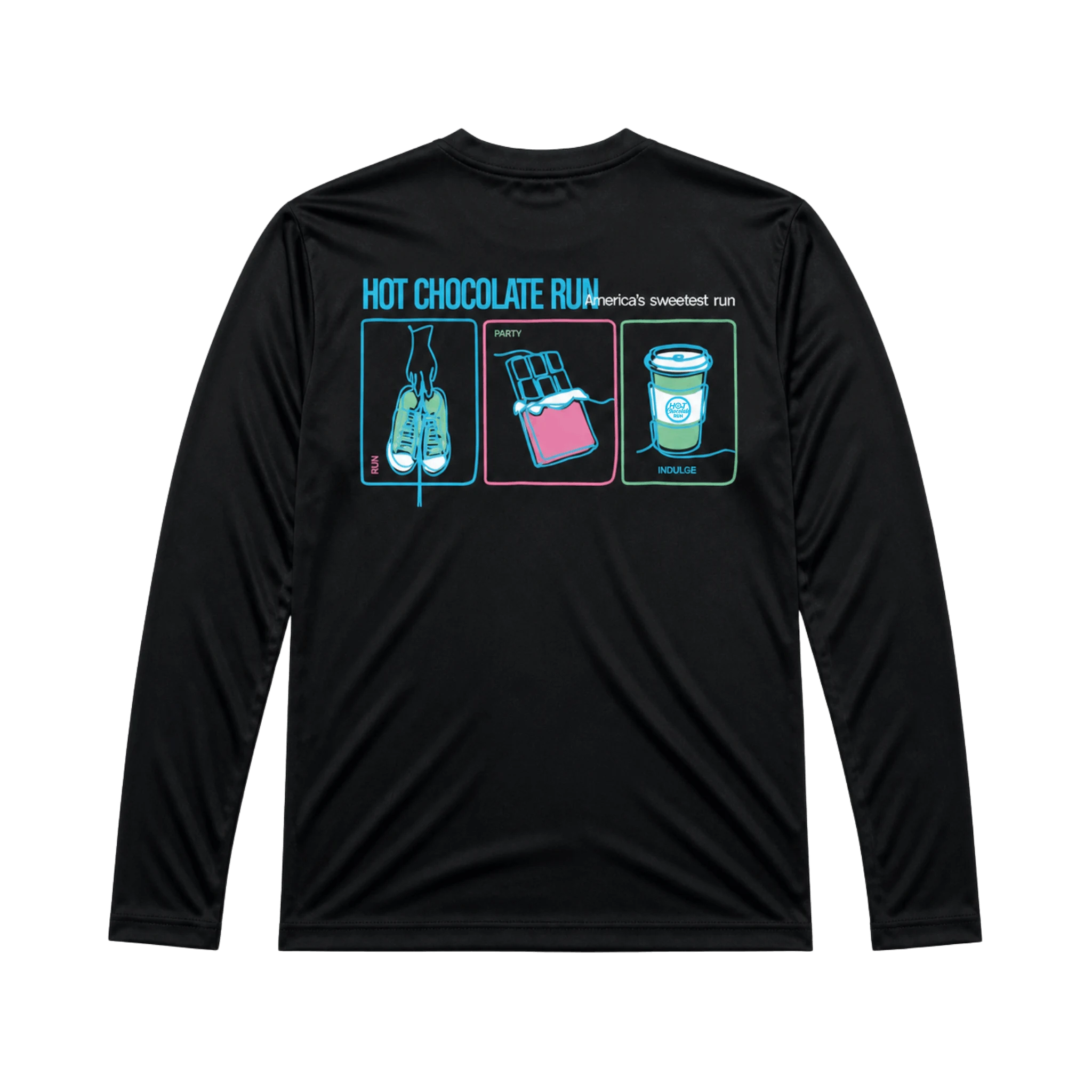 A black long-sleeve shirt shown from the back, featuring colorful Hot Chocolate Run text and illustrated panels