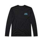 A black long-sleeve shirt with a small light blue 'Hot Chocolate Run' logo on the left chest