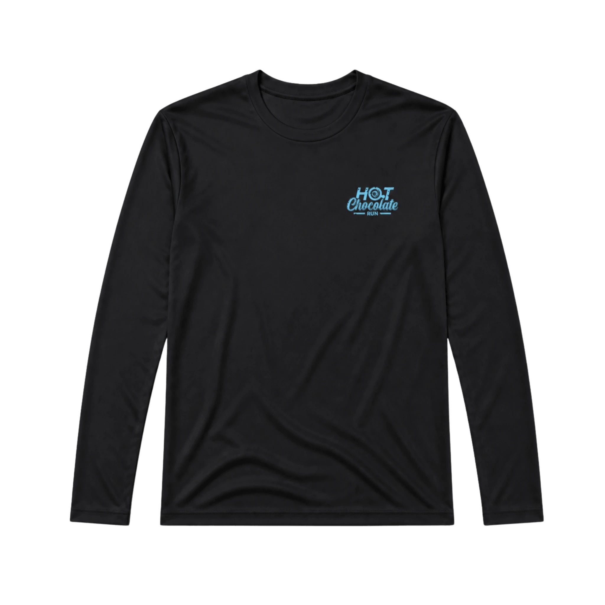 A black long-sleeve shirt with a small light blue 'Hot Chocolate Run' logo on the left chest