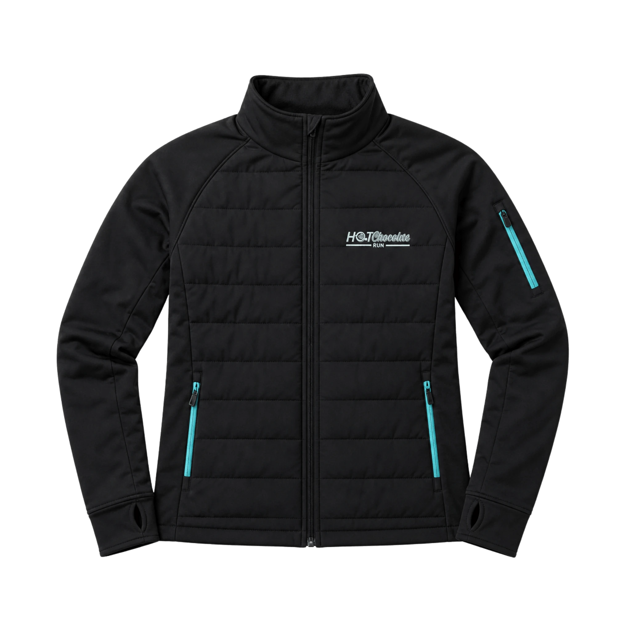 Black jacket with blue accent zippers and Hot Chocolate text on left chest