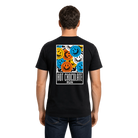 Person wearing a black t-shirt with colorful smiley face design and 'Hot Chocolate Run' text 