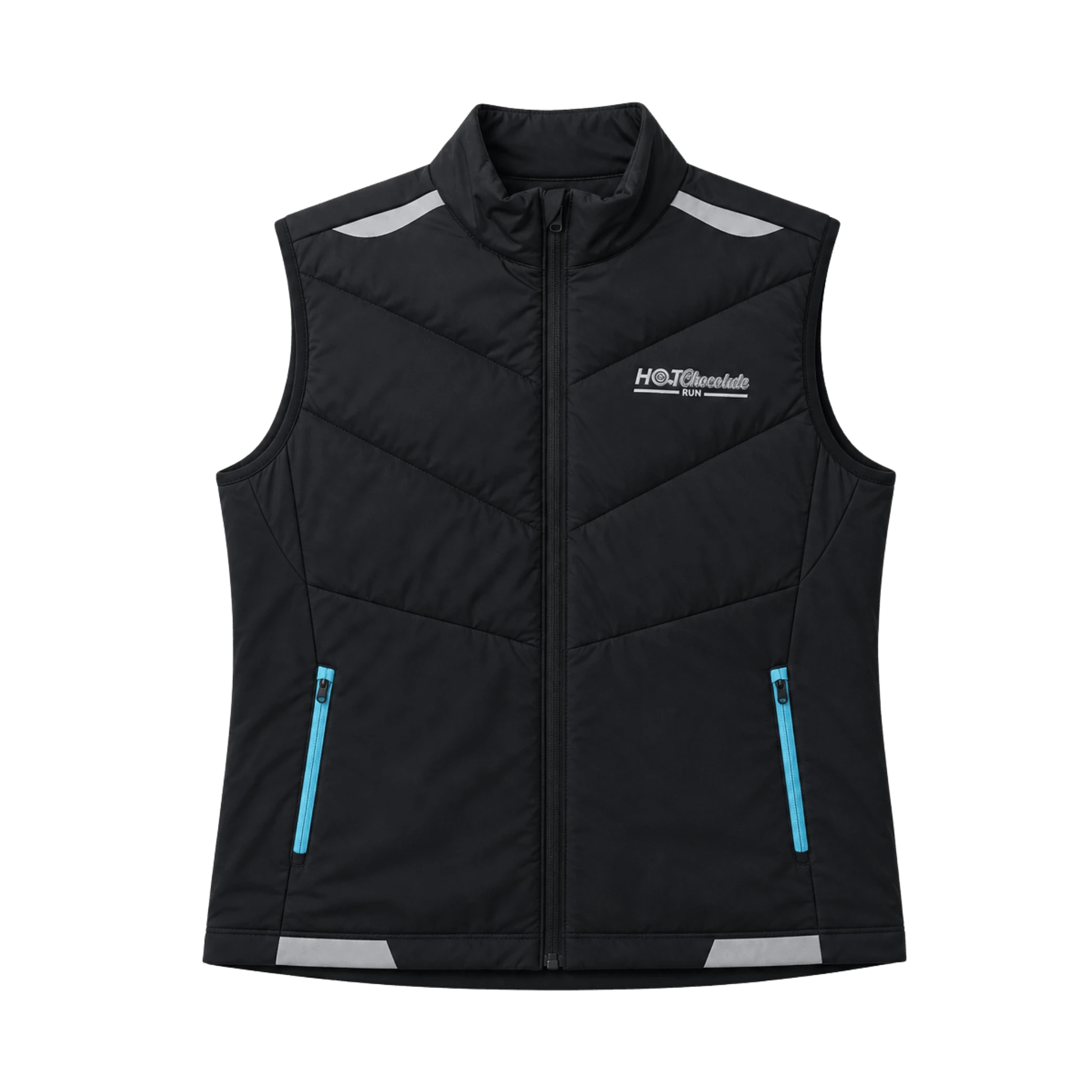Black vest with blue zipper pockets and Hot Chocolate run text on left chest