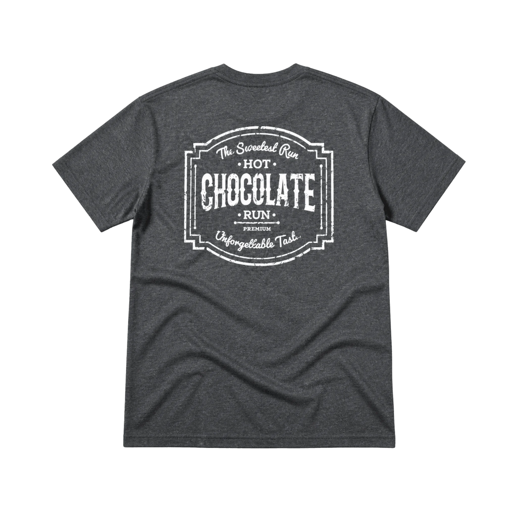 Dark gray t-shirt with white Hot Chocolate Run text 